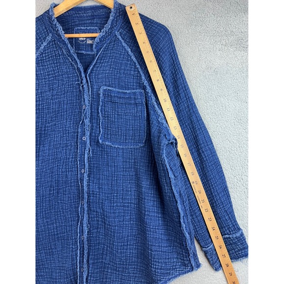 Aerie Womens Blue Cotton Double Gauze Frayed Raw Edge Button Down Shirt Small - Picture 6 of 9